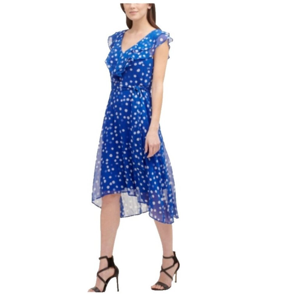 DKNY Midi Dress 12 Blue Ivory Polka Dot Flowy A Line V Neck Flutter $134 NEW